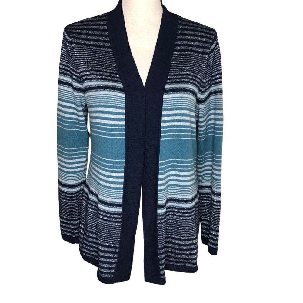 Talbots Green and Gray Striped Open Cardigan‎